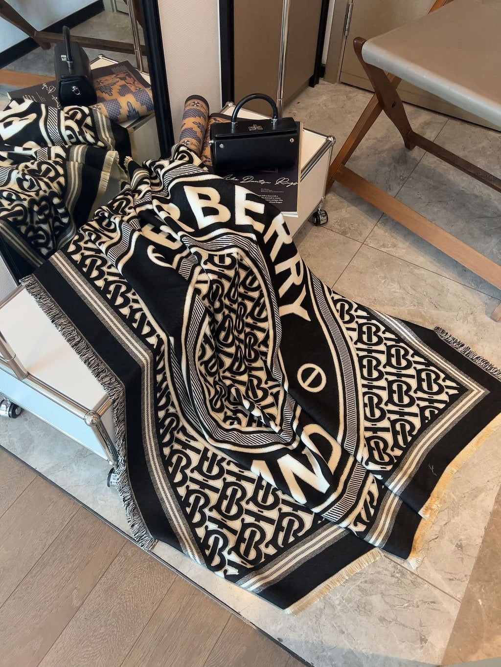 Burberry Black & Ivory Logo Square Scarf — front