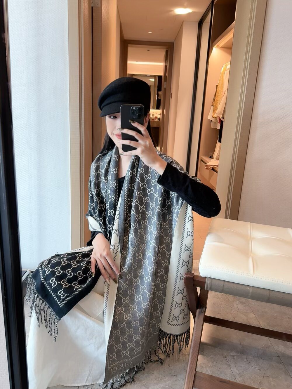 Gucci Brown Beige Jacquard Fringe Scarf — model