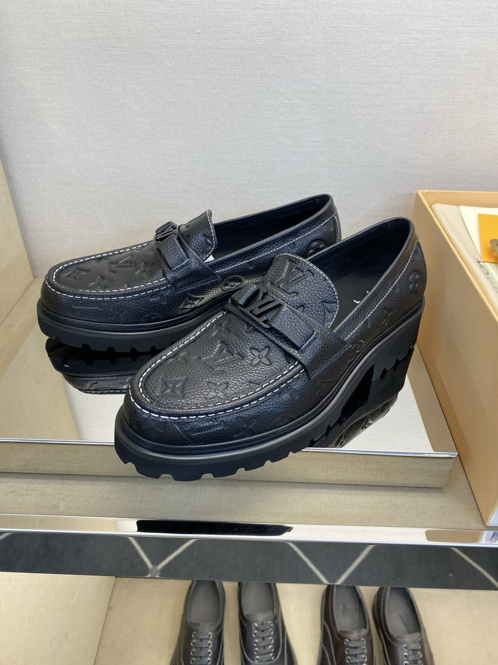 Louis Vuitton Black Monogram Lug Sole Loafers — side