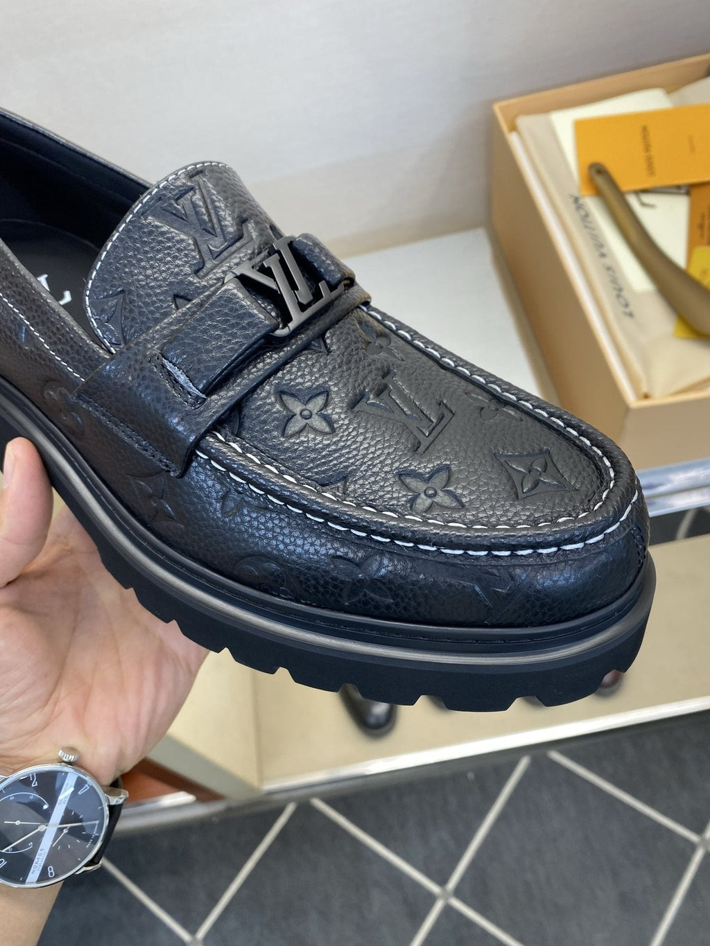 Louis Vuitton Black Monogram Lug Sole Loafers — detail