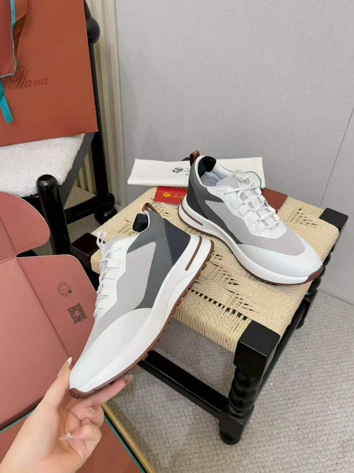 Loro Piana White & Gray Low-Top Sneakers — side