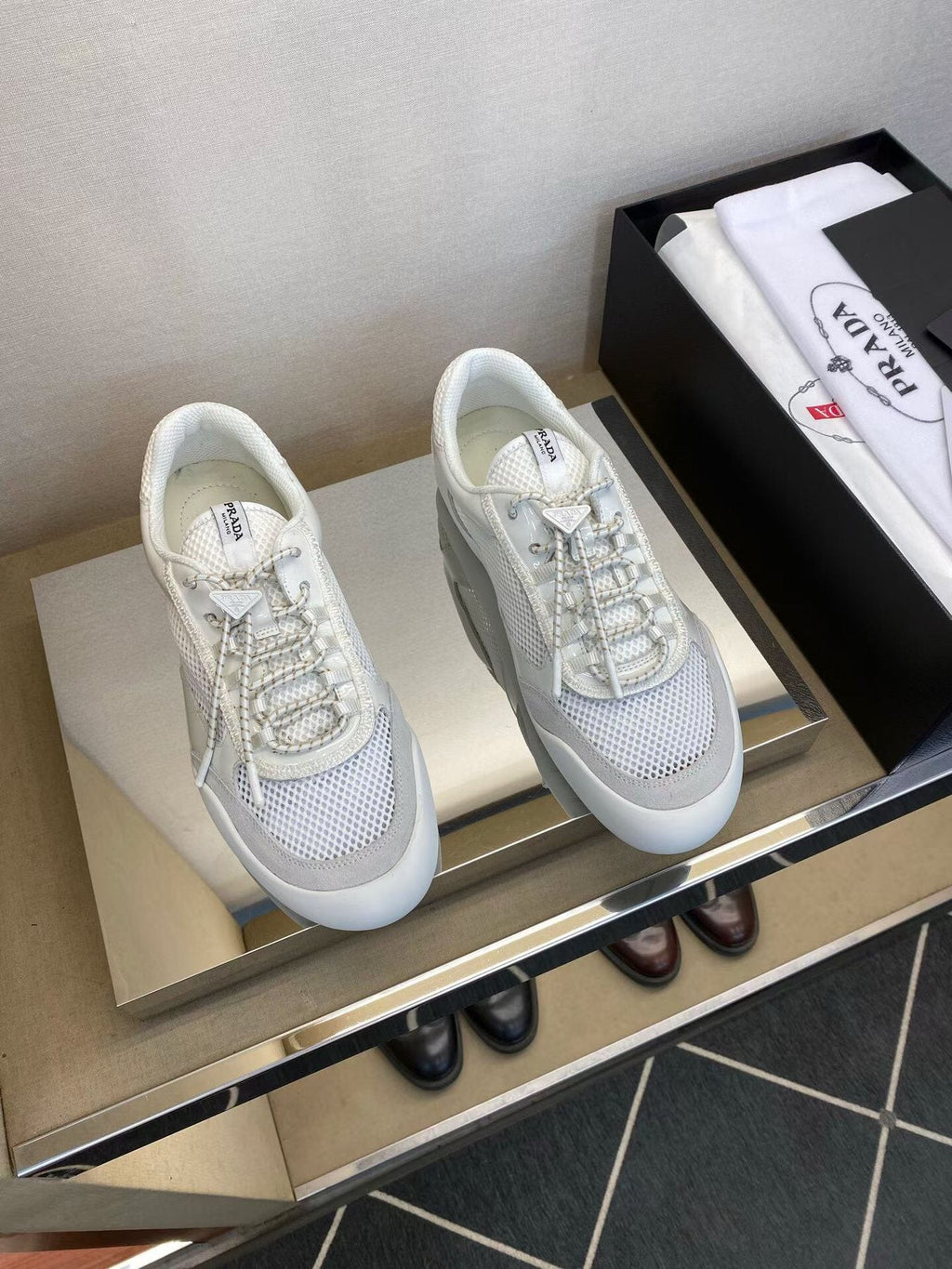 Prada White and Light Gray Mesh Sneakers — front