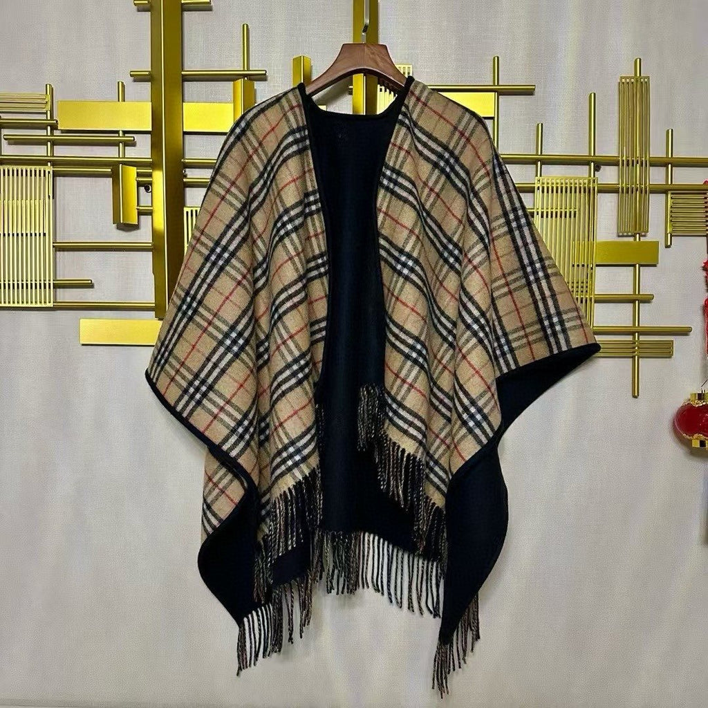 Burberry Reversible Plaid Fringed Poncho Wrap — hero