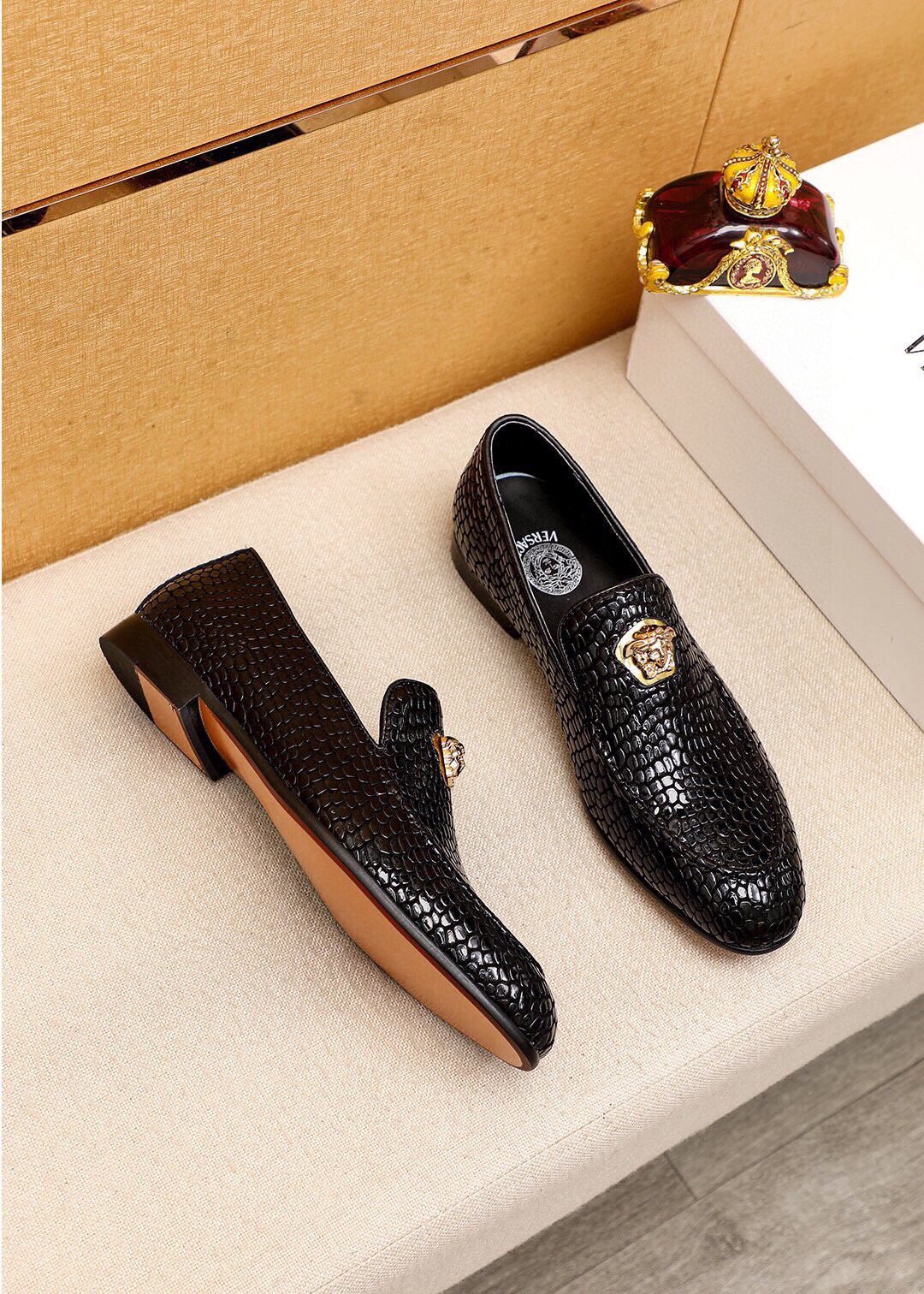 VERSACE Black Textured Slip-On Shoes — front