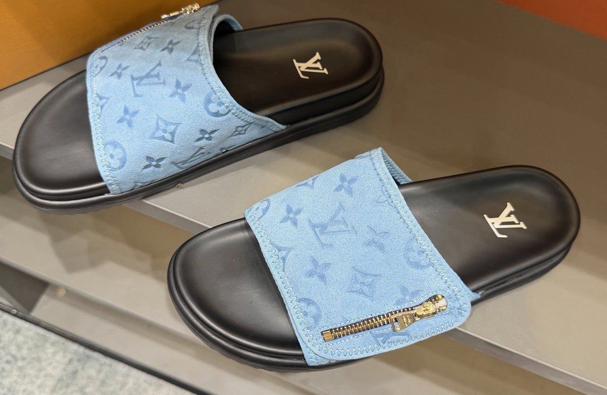 Louis Vuitton Light Blue Zip-Accent Slide Sandals — hero