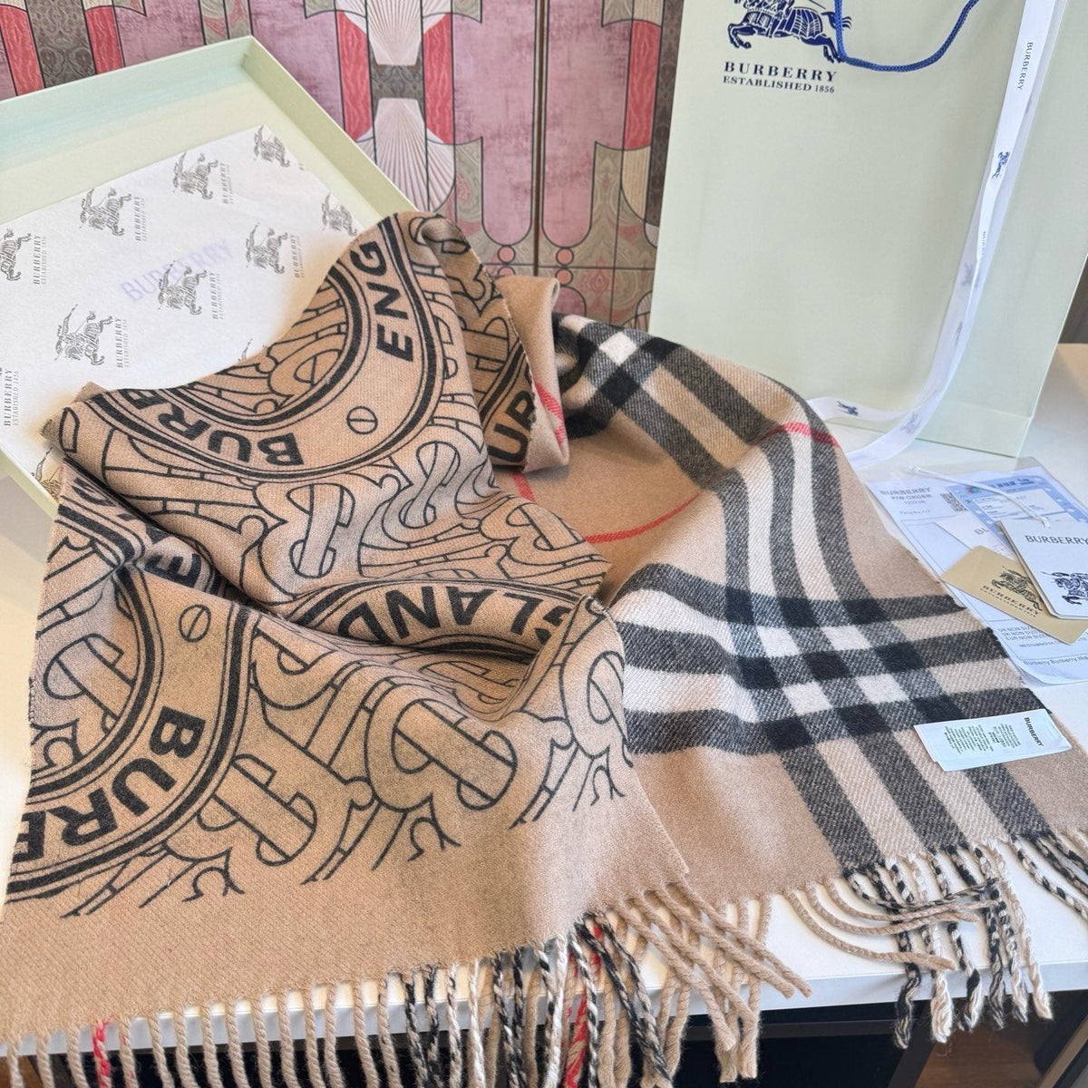 Beige & Black Patterned Fringe Scarf — hero