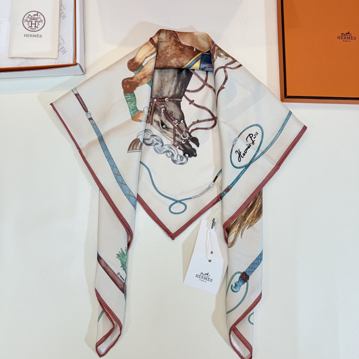 Hermès Cream Equestrian Silk Square Scarf — detail
