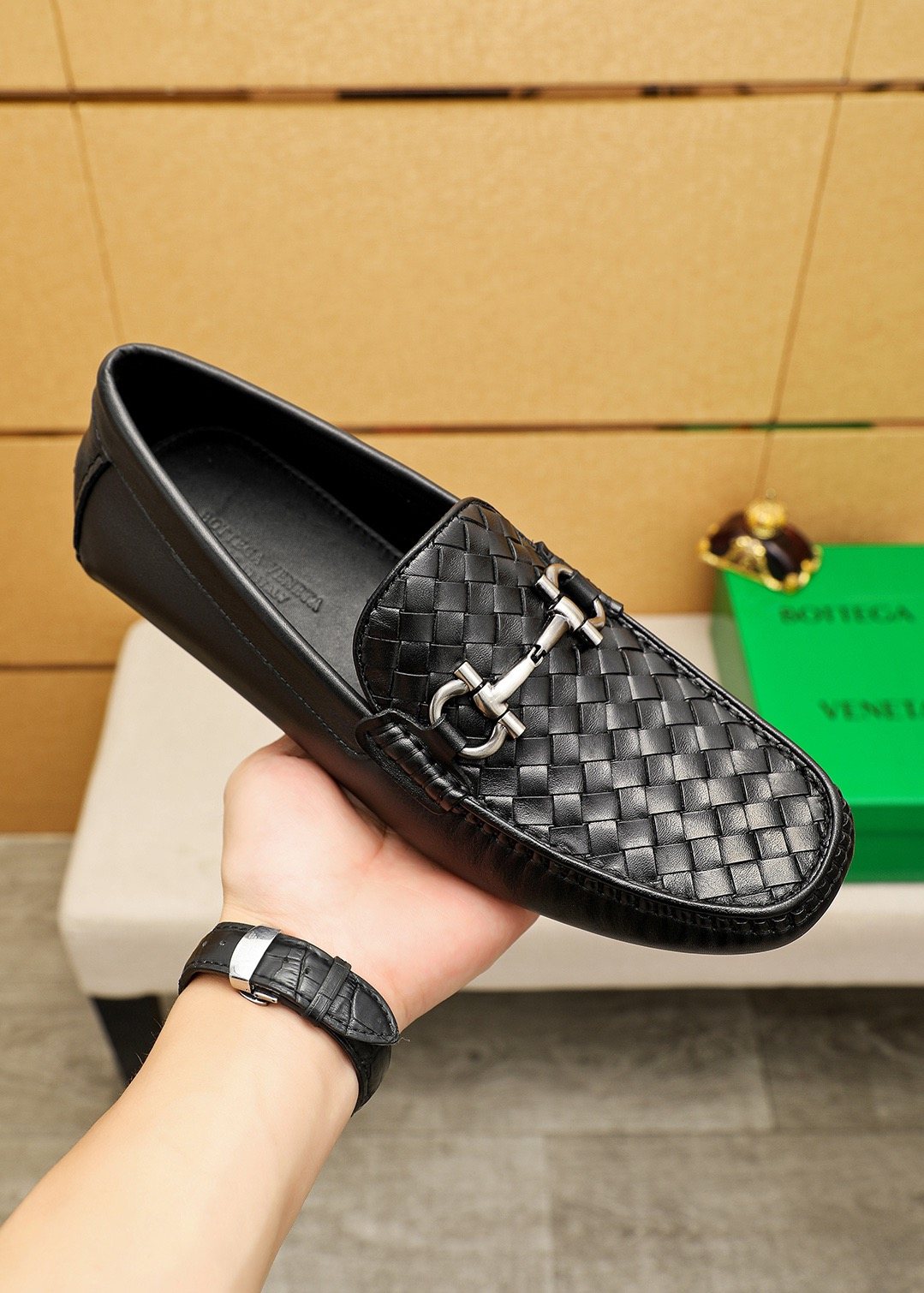 Bottega Veneta Black Woven Bit Driving Loafers — model