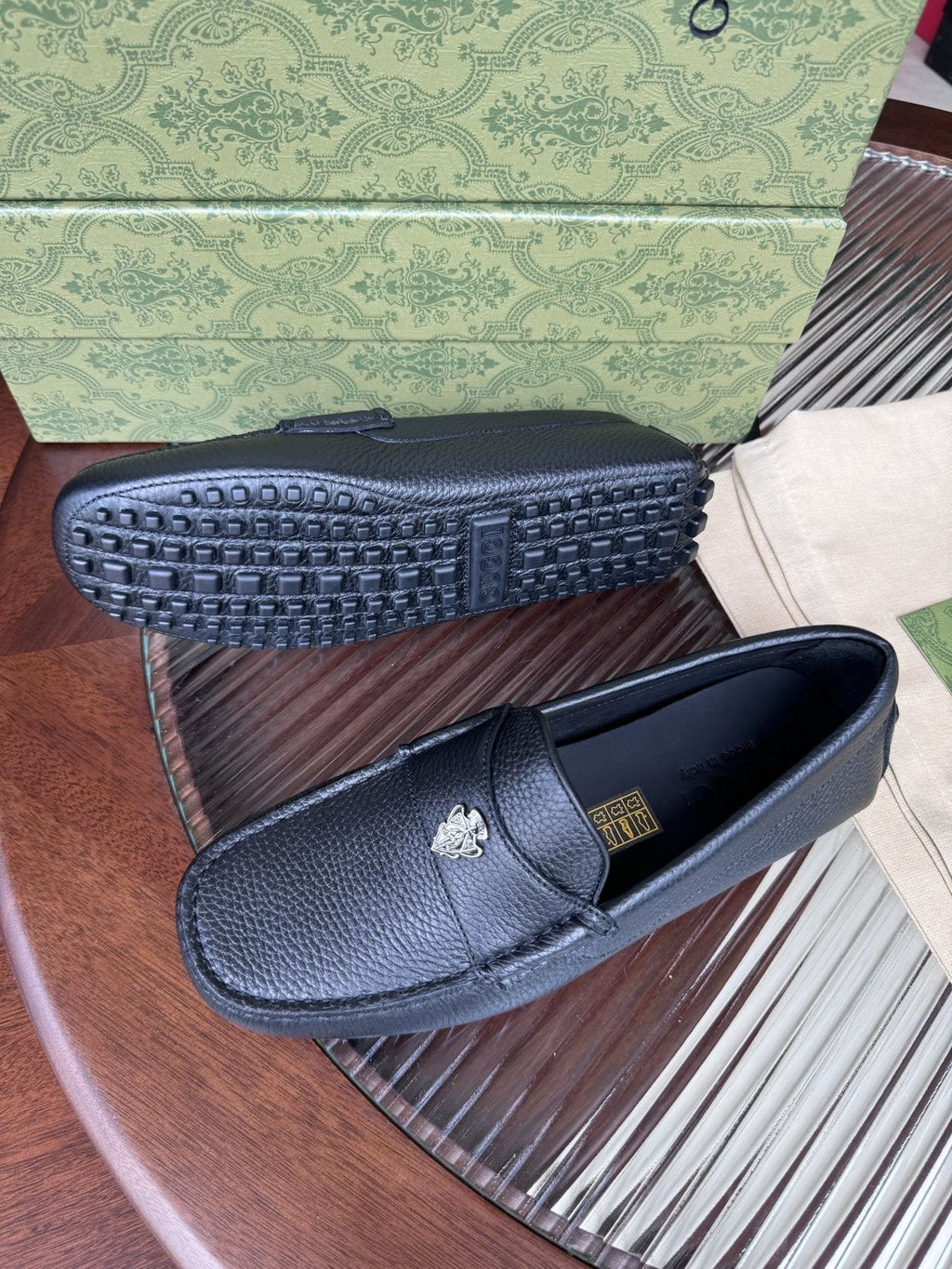 Gucci Dark Navy Pebbled Leather Driving Loafers — side