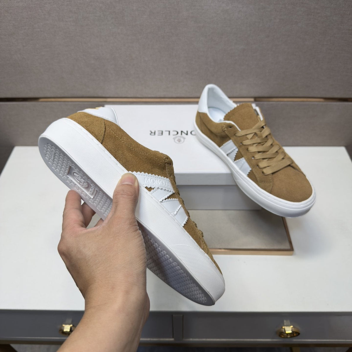 Moncler Tan and White Striped Low-Top Sneakers — model