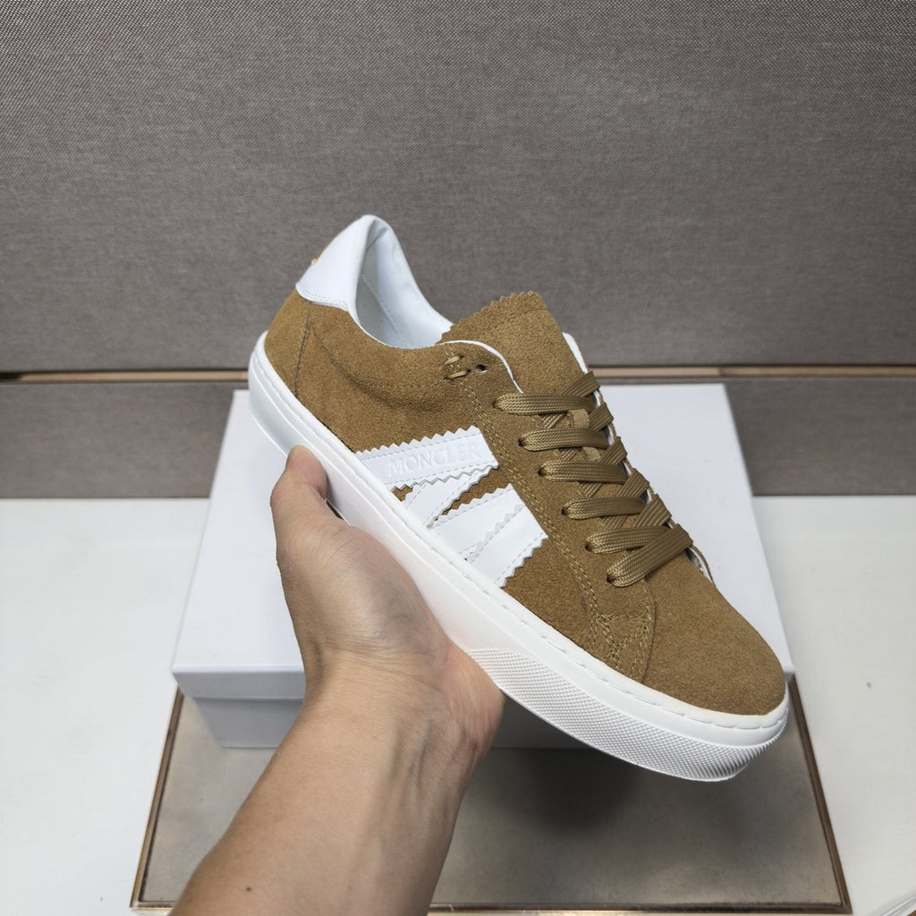 Moncler Tan and White Striped Low-Top Sneakers — model