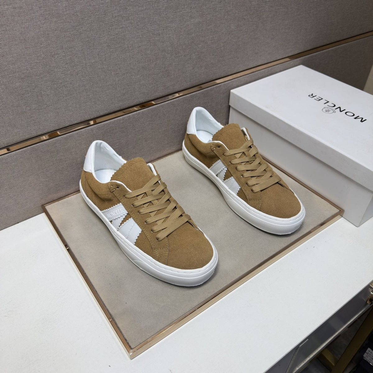 Moncler Tan and White Striped Low-Top Sneakers — front