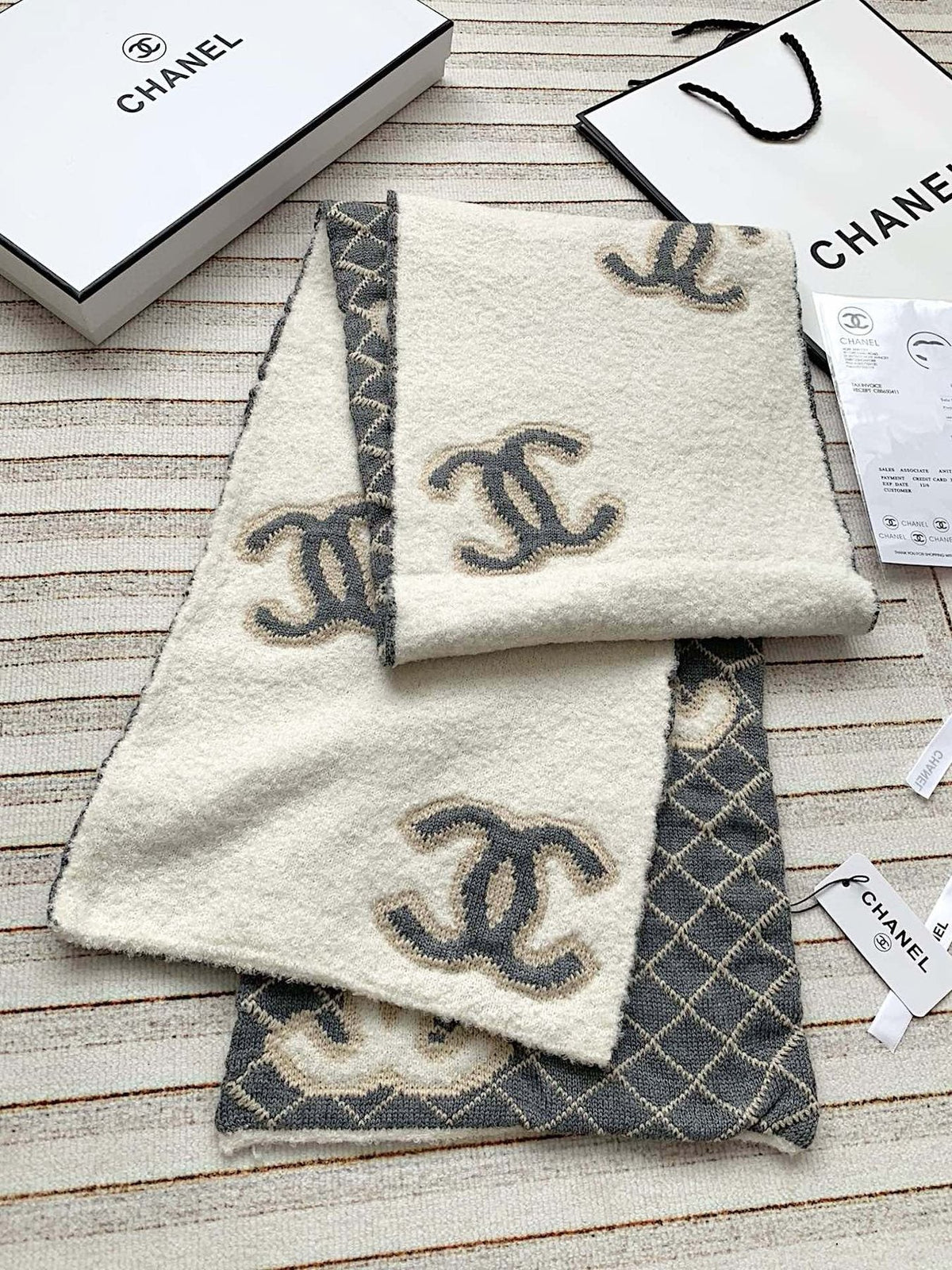 Chanel Diamond-Pattern Logo Scarf — side