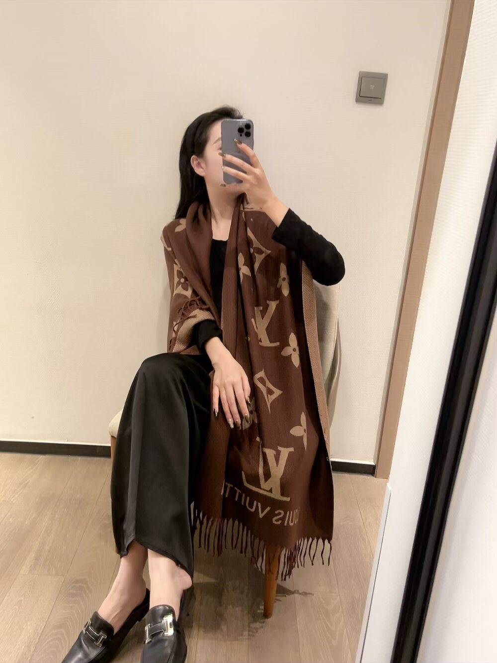 Louis Vuitton Fringed Monogram Scarf — model