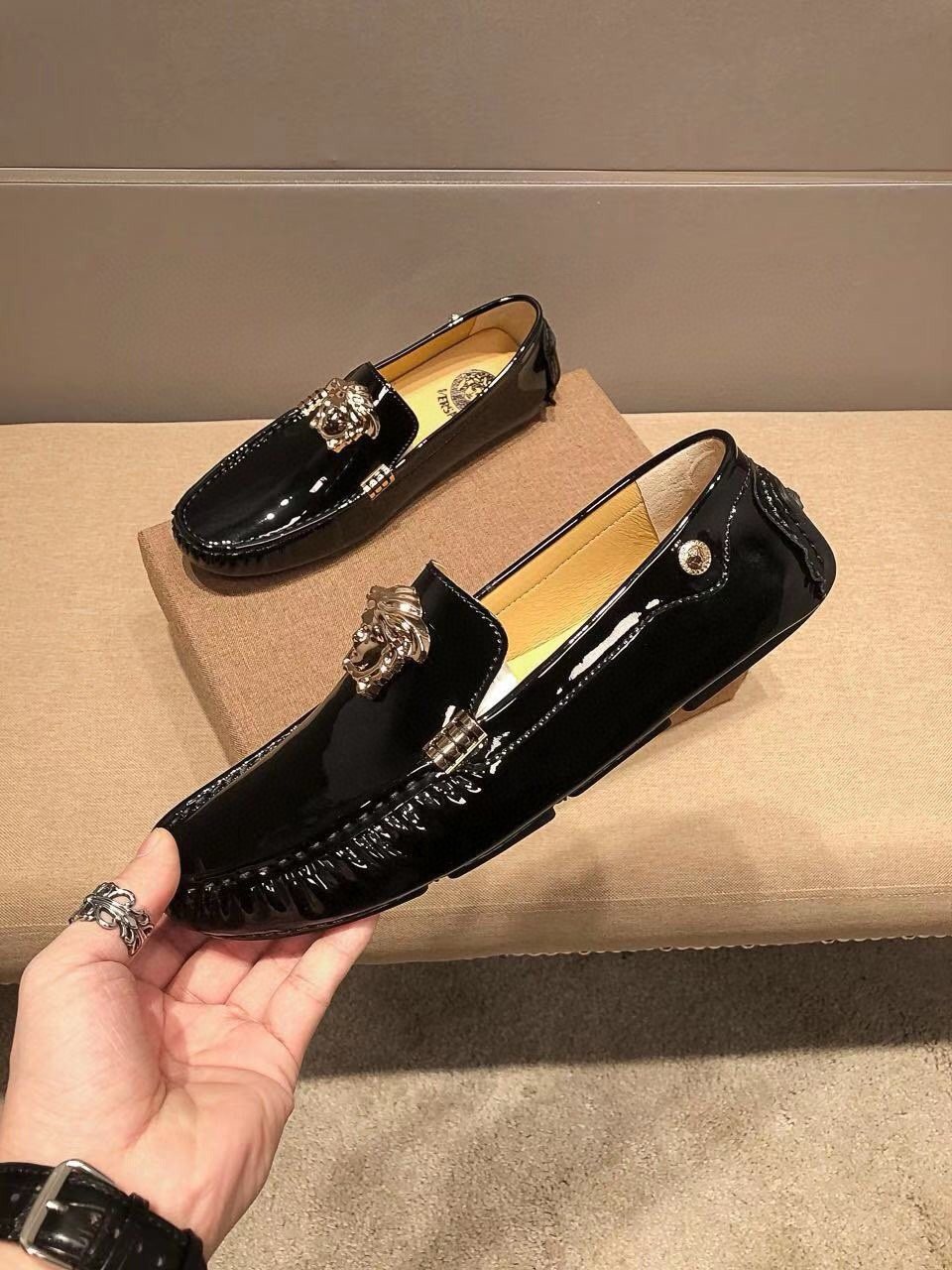 Versace Black Patent Leather Medusa-Style Loafers — front