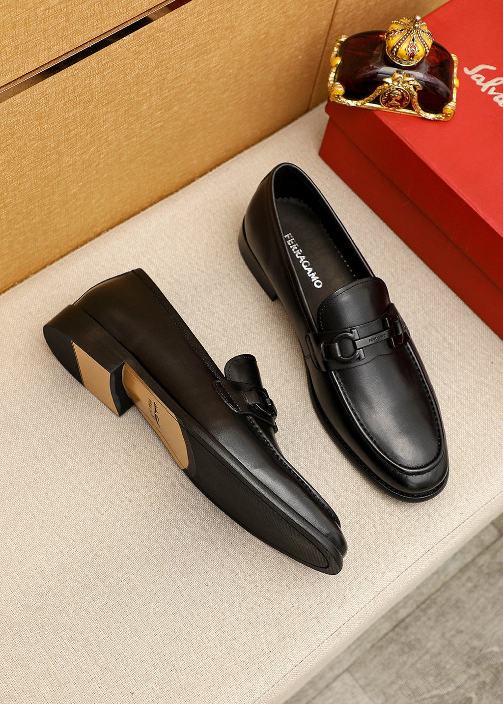Ferragamo Black Leather Loafers — front