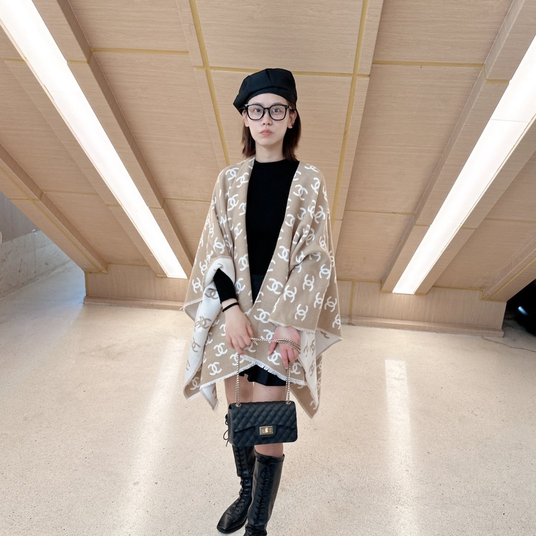 Chanel Fringed Motif Shawl — model