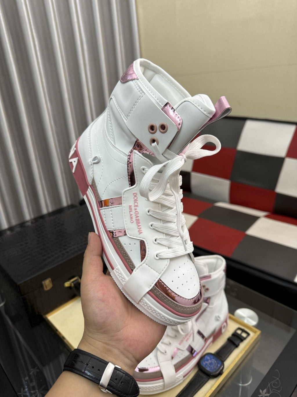 Dolce & Gabbana White and Pink High-Top Sneakers — model