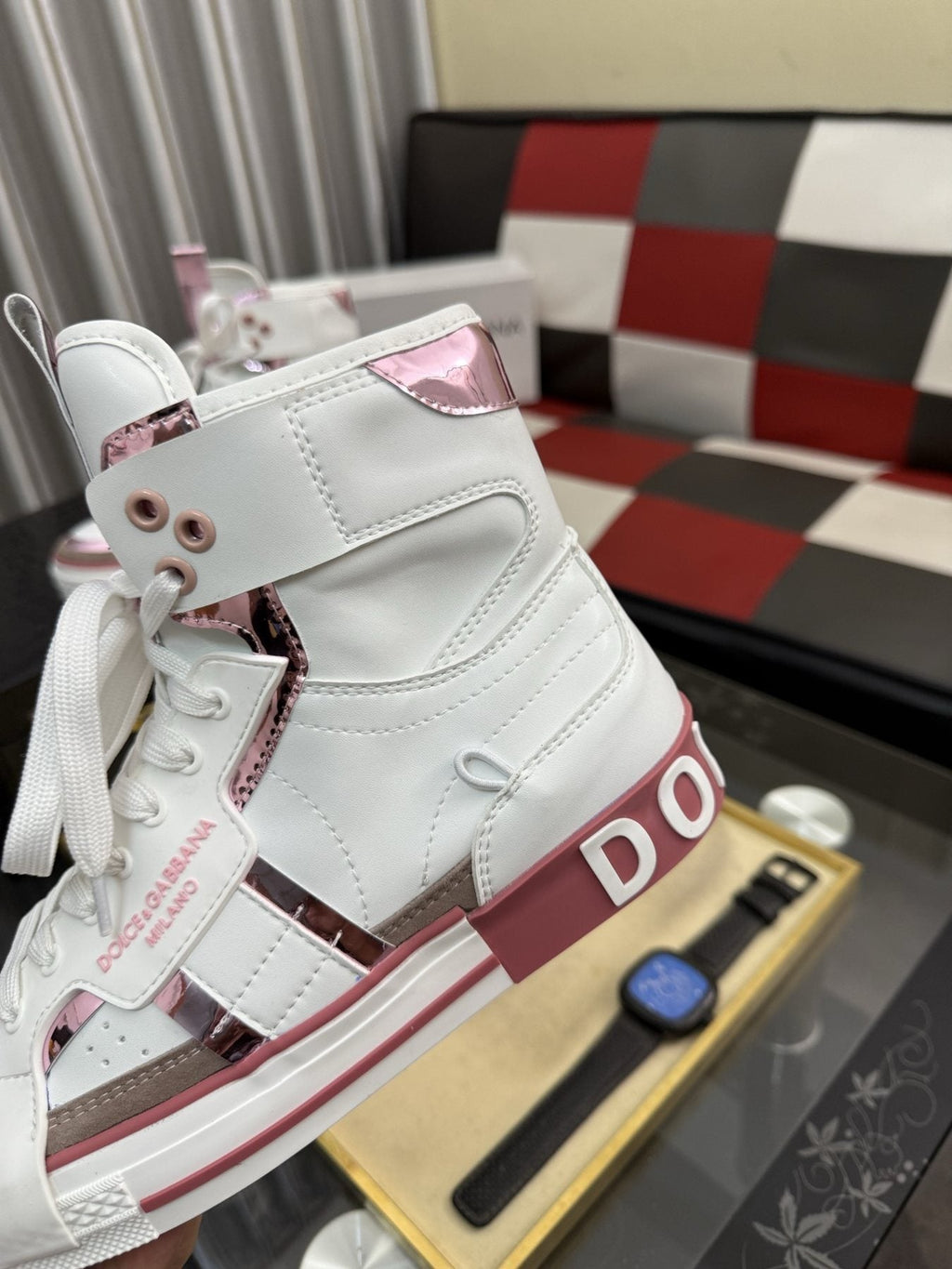 Dolce & Gabbana White and Pink High-Top Sneakers — side