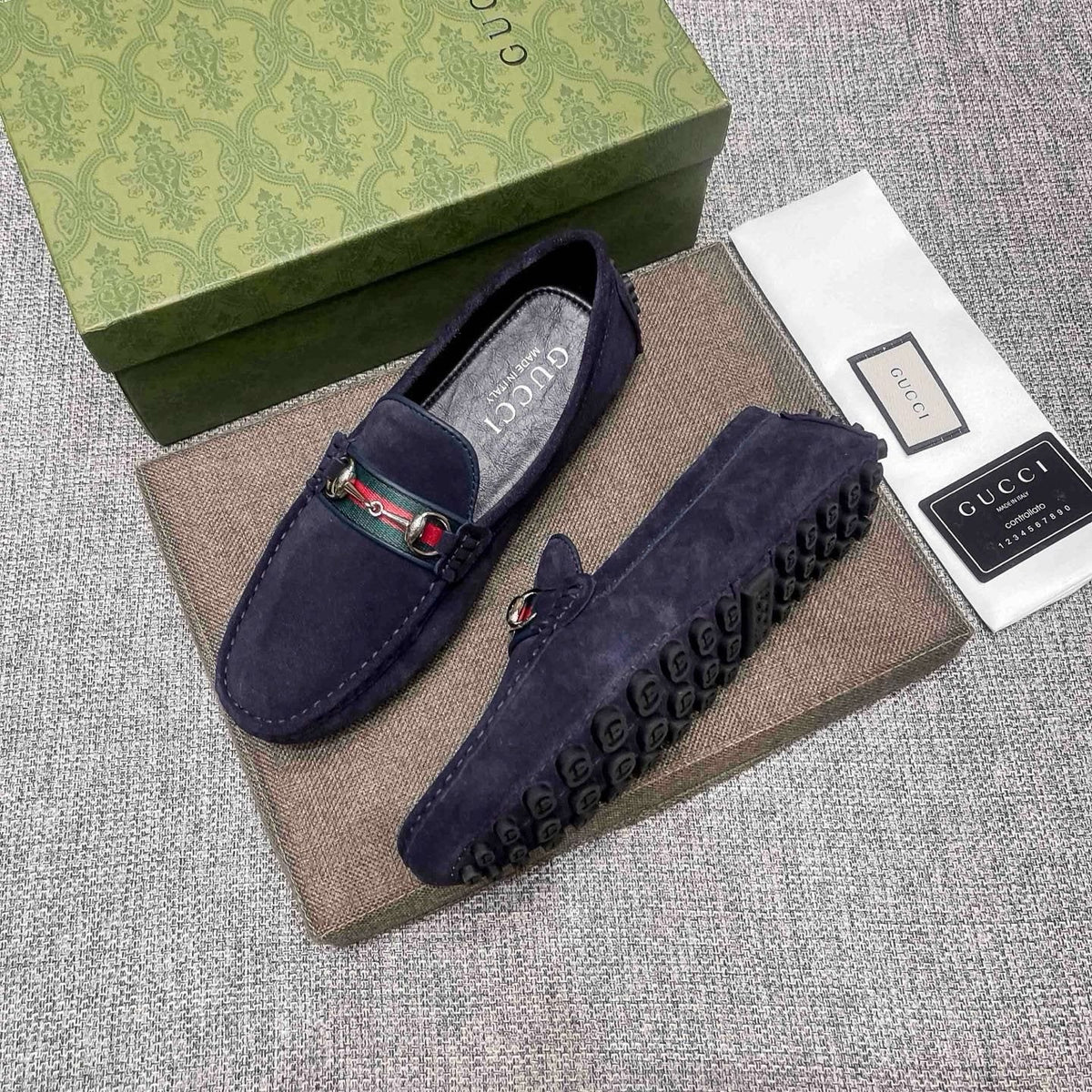 Gucci Navy Striped-Bit Driving Loafers — side