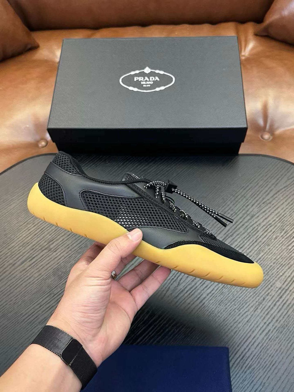 Prada Black Sneakers with Yellow Sole — side