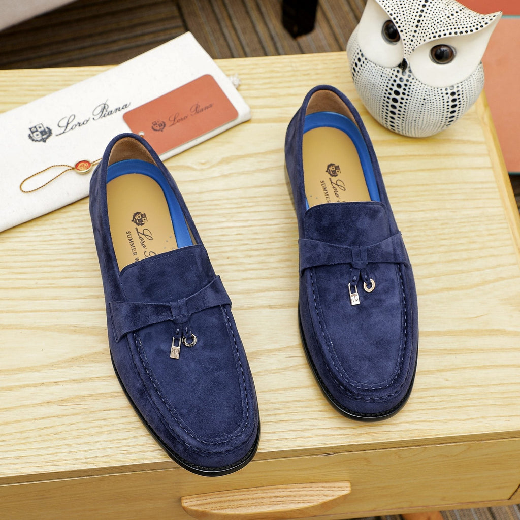 Loro Piana Navy Blue Metal-Bar Loafers — hero