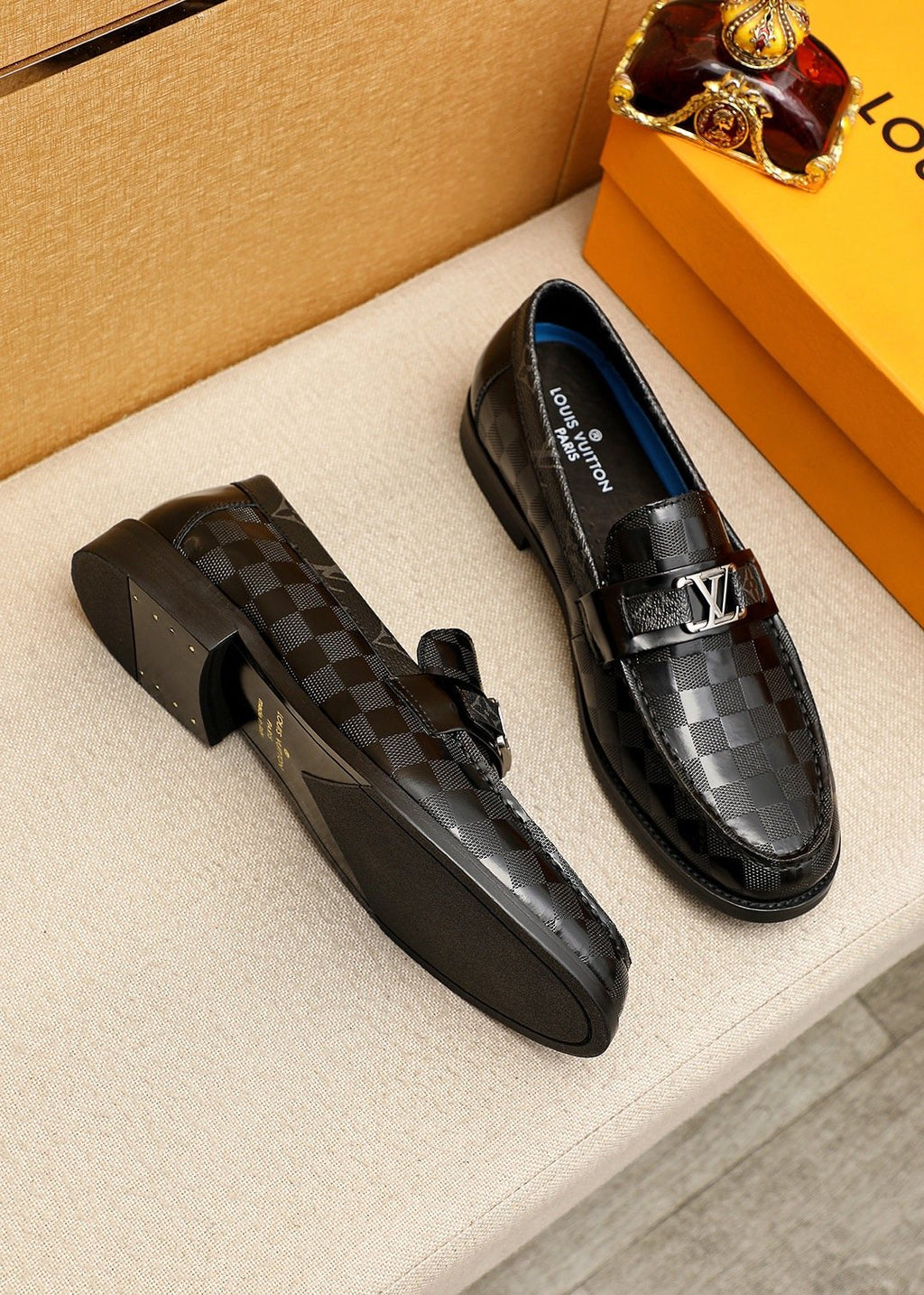 Louis Vuitton Black and Dark Gray Check Loafers — front