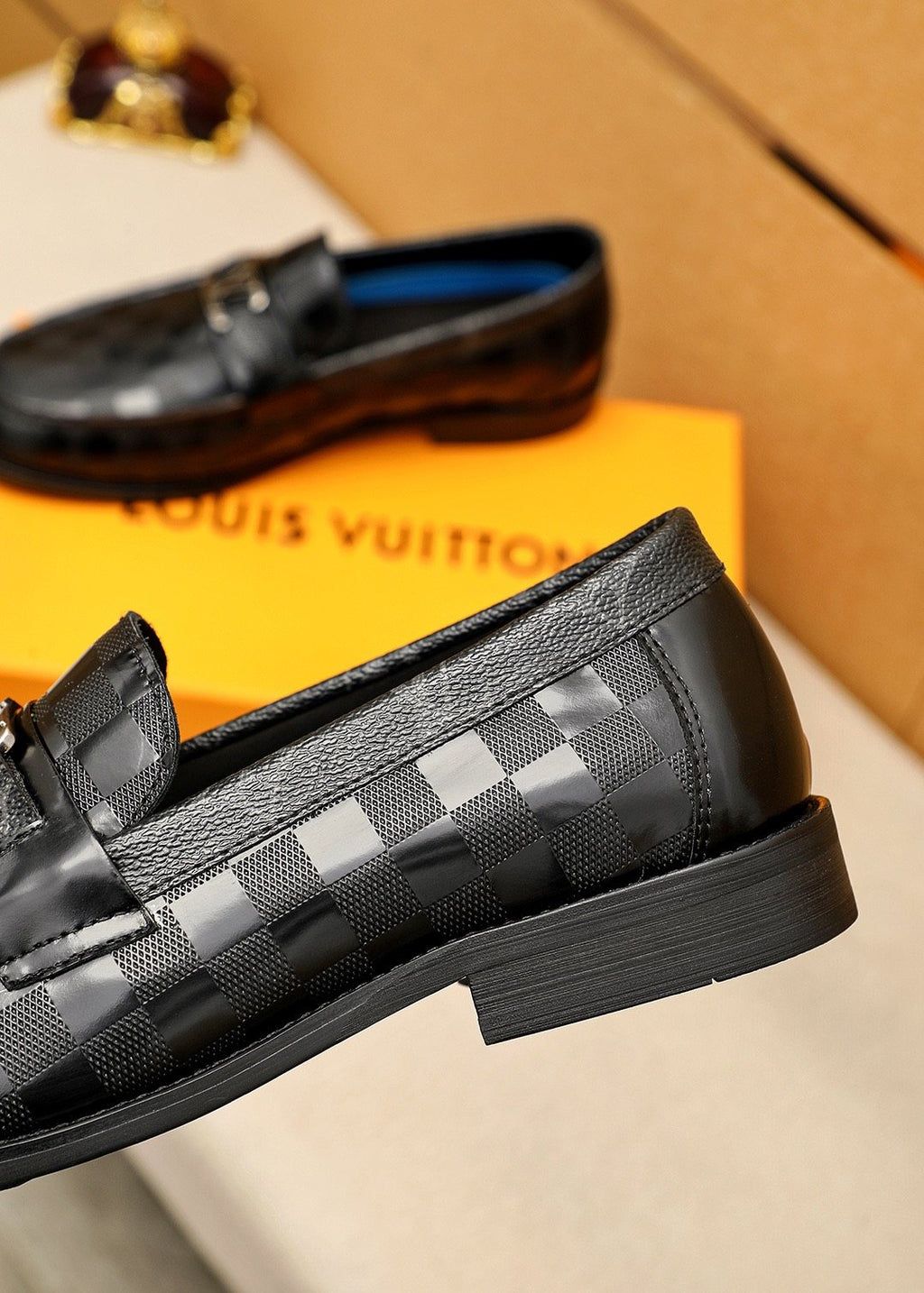 Louis Vuitton Black and Dark Gray Check Loafers — detail