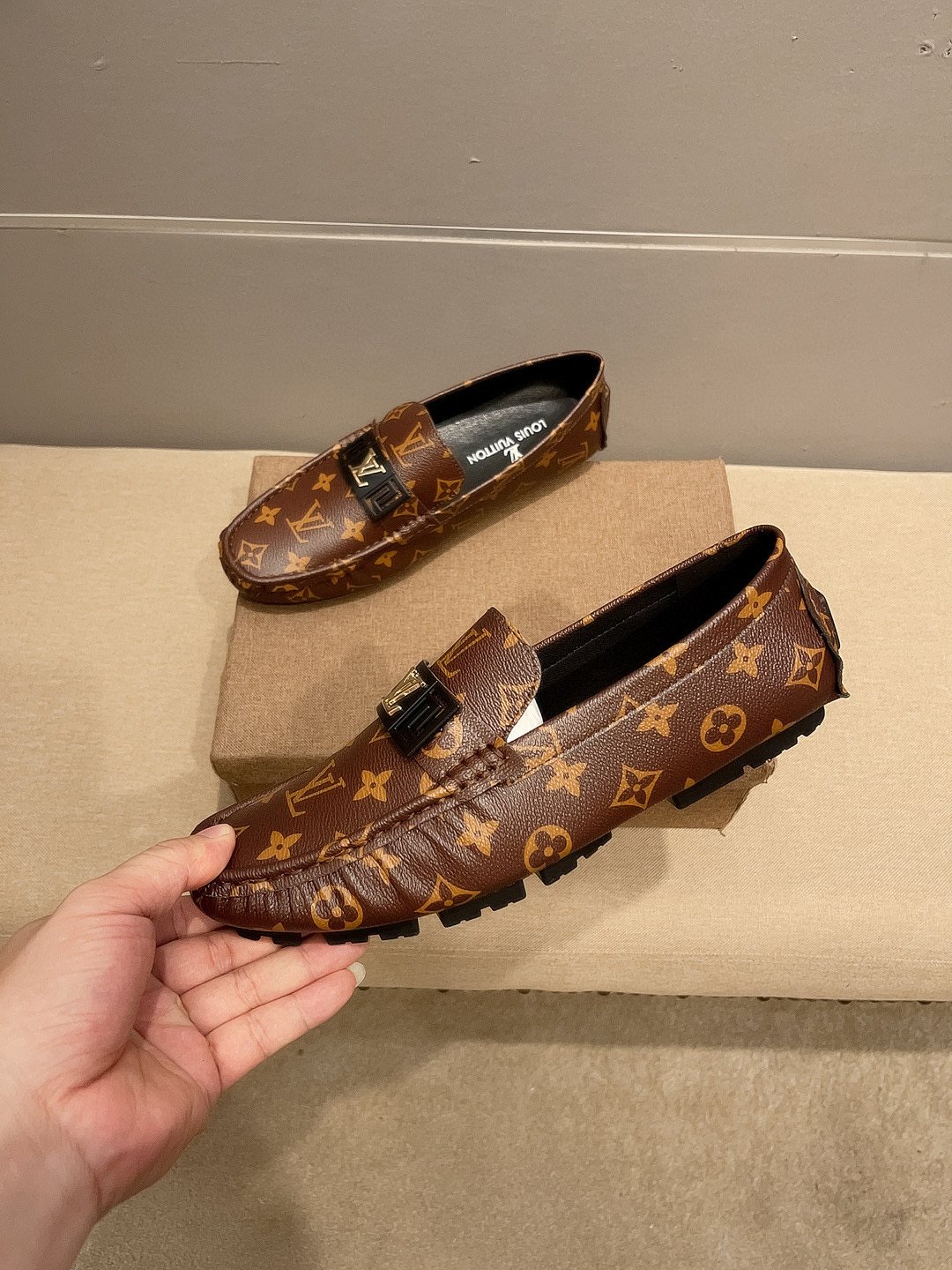Louis Vuitton Brown Monogram Hardware Loafers — front