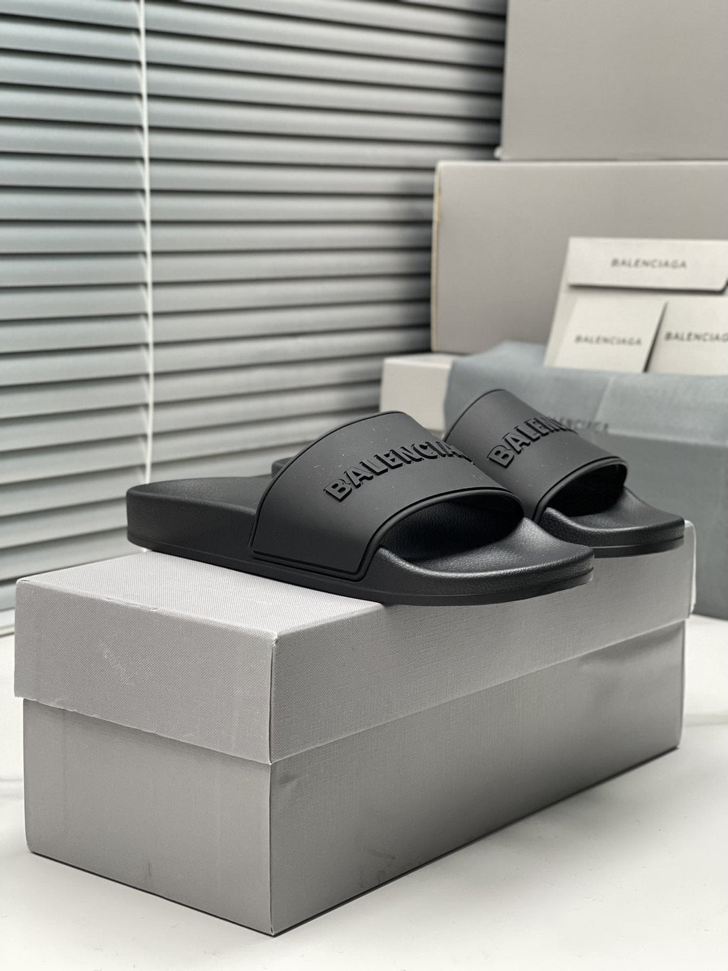 Balenciaga Black Embossed Slide Sandals — front
