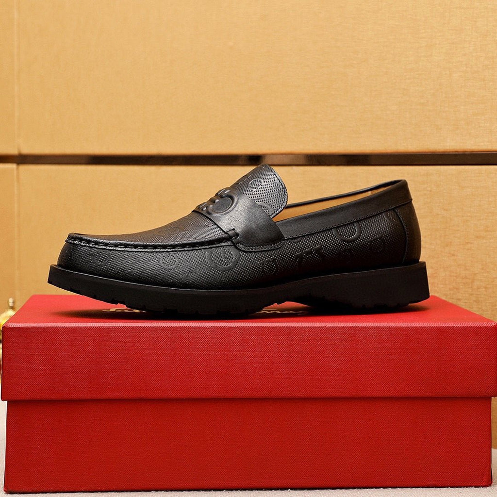 Ferragamo Black Embossed Slip-On Shoes — side