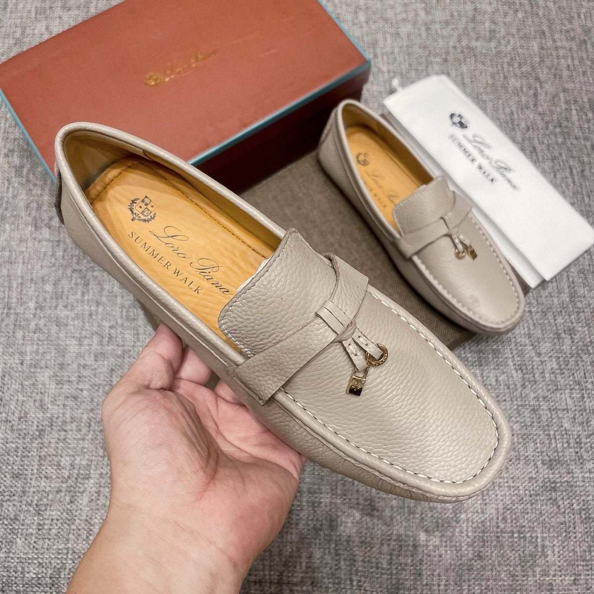 Loro Piana Light Gray Metal-Accent Driving Loafers — model