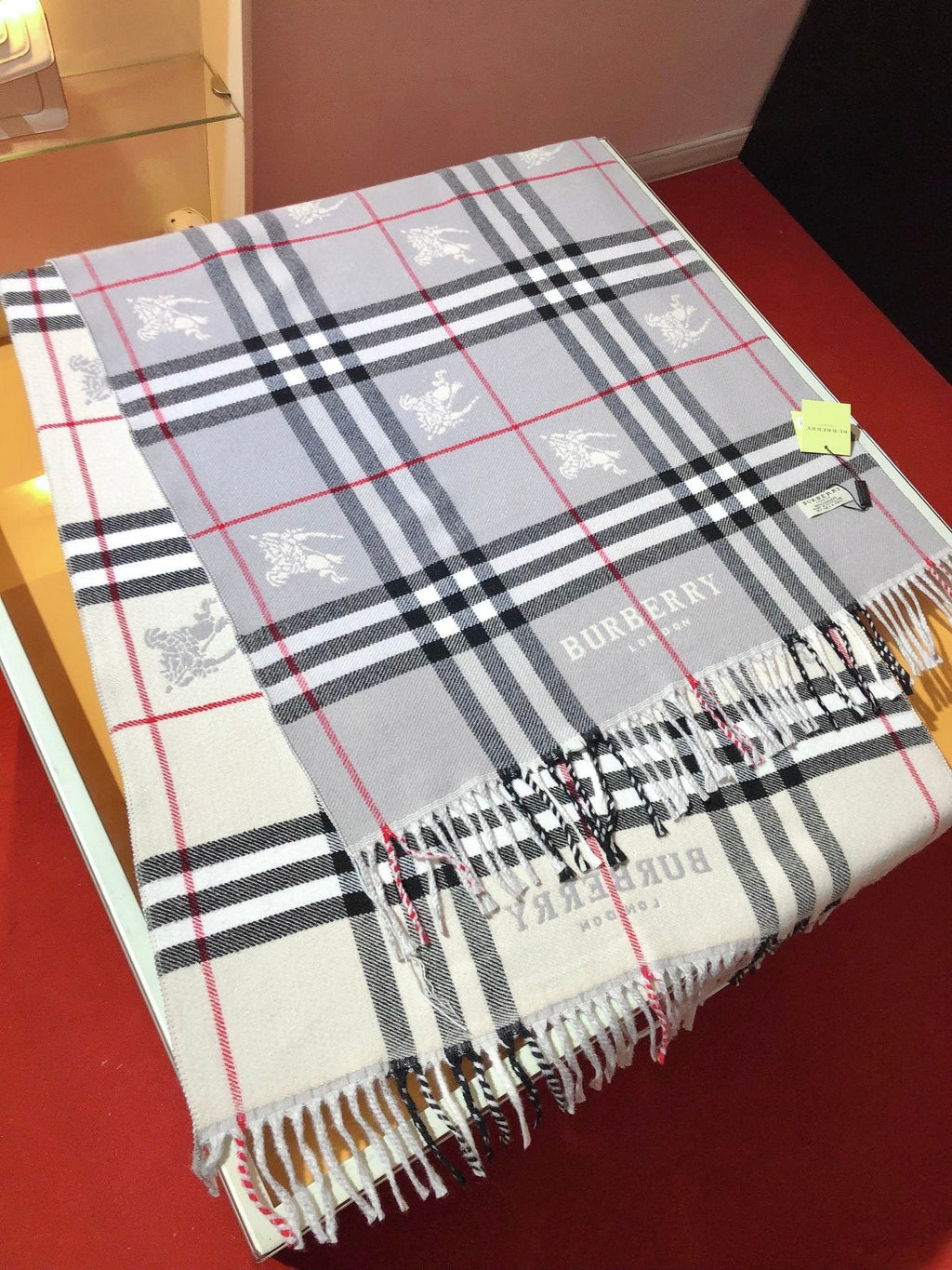 Burberry Embroidered Plaid Fringe Scarf — front