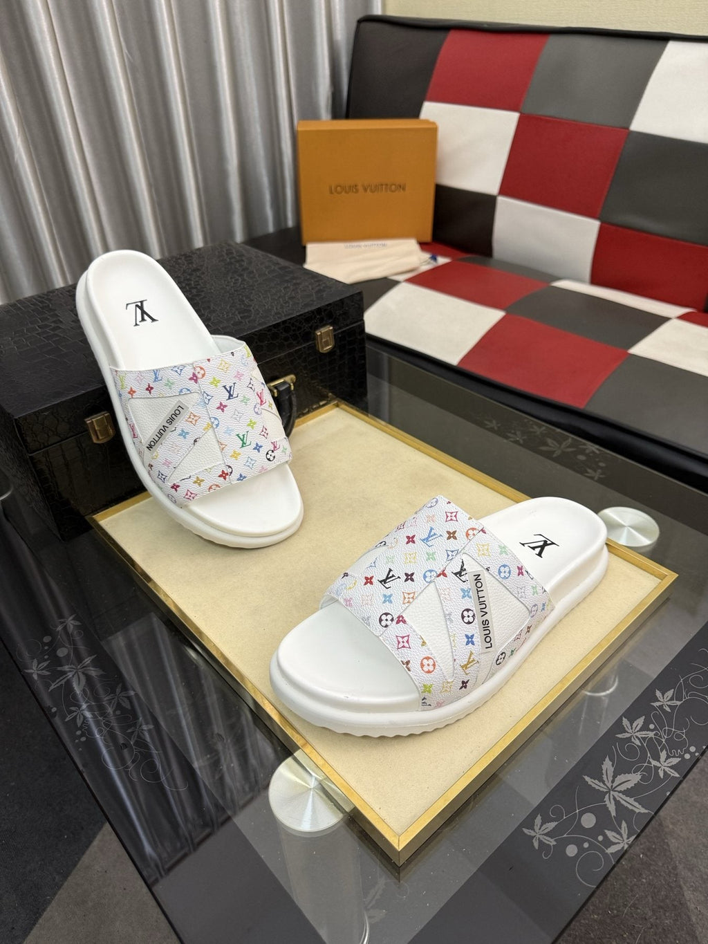 Louis Vuitton White Monogram Print Slide Sandals — front