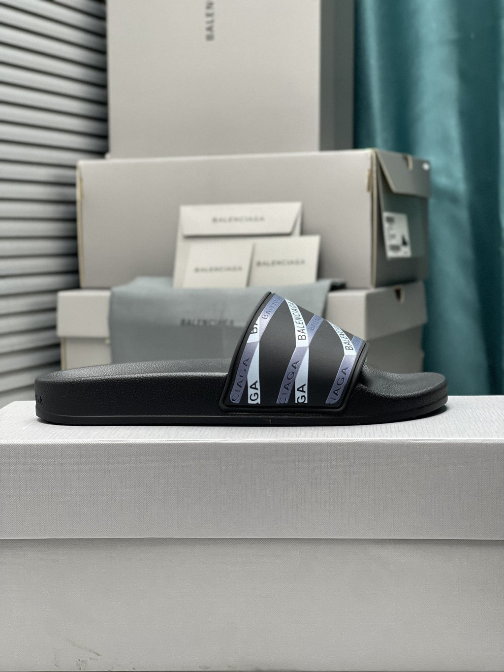 Balenciaga Logo Strap Slide Sandals — side