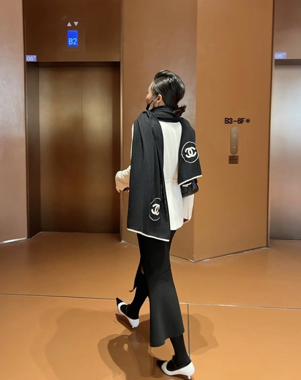 Chanel Reversible Contrast Trim Scarf Shawl — model