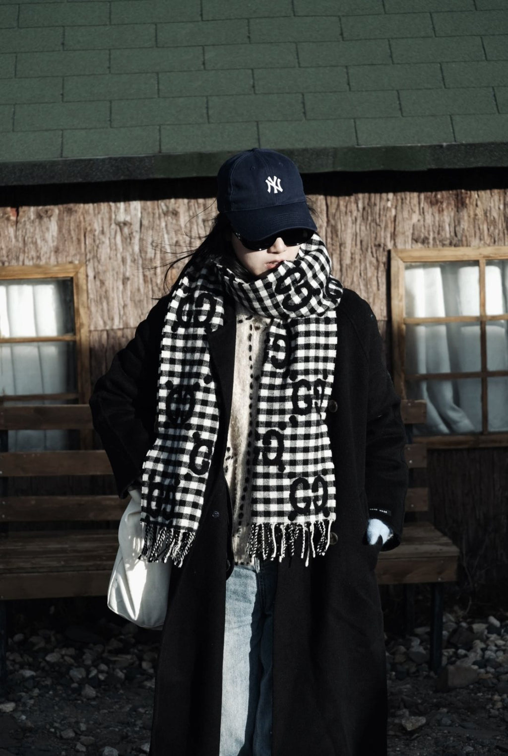 Gucci Black and White Checked Fringed Scarf — model