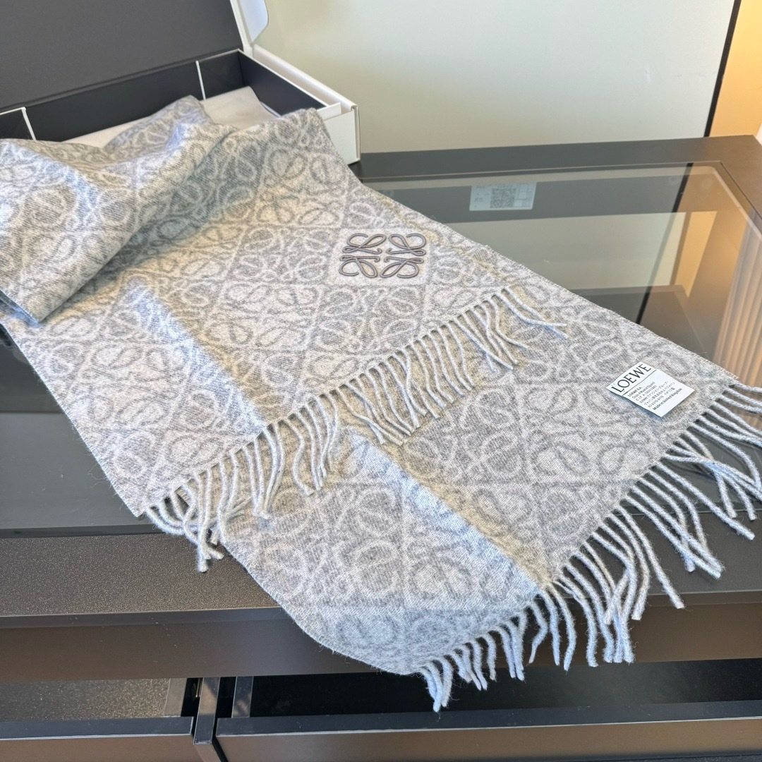 Loewe Charcoal Gray & Ivory Fringed Scarf — front