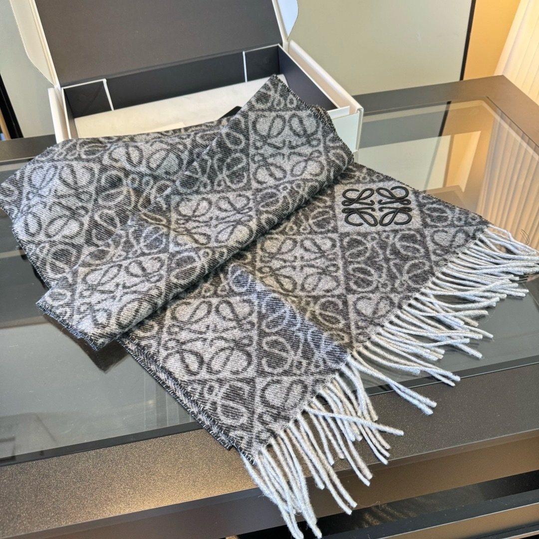 Loewe Charcoal Gray & Ivory Fringed Scarf — front