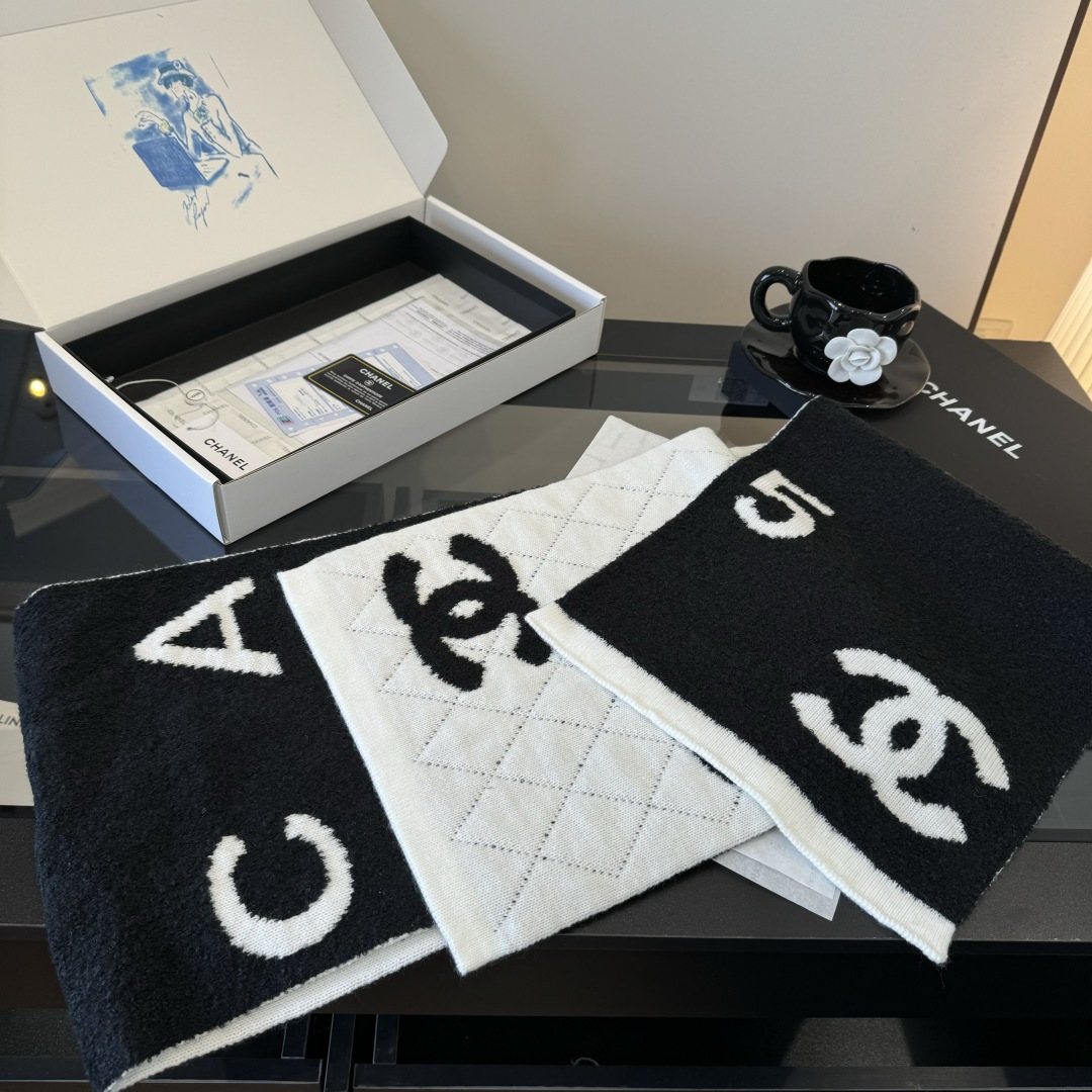 Chanel Knit Scarf with Ivory Motifs — front