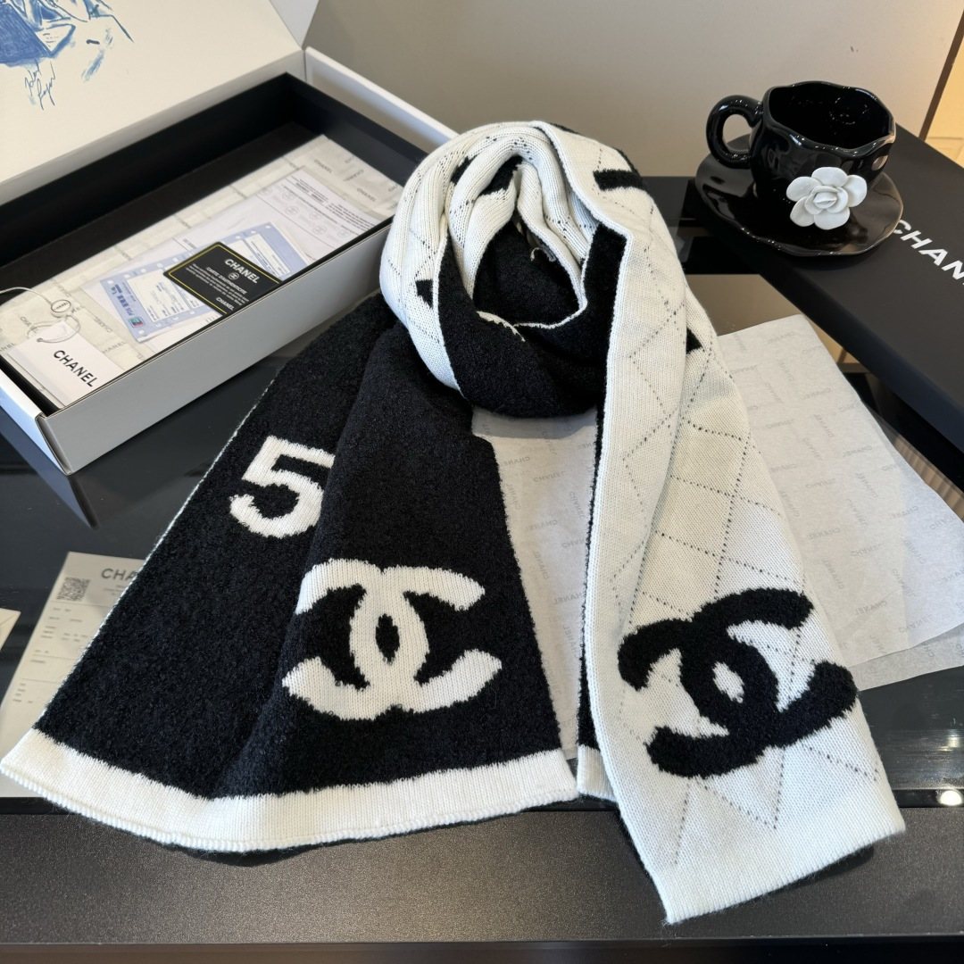 Chanel Knit Scarf with Ivory Motifs — front