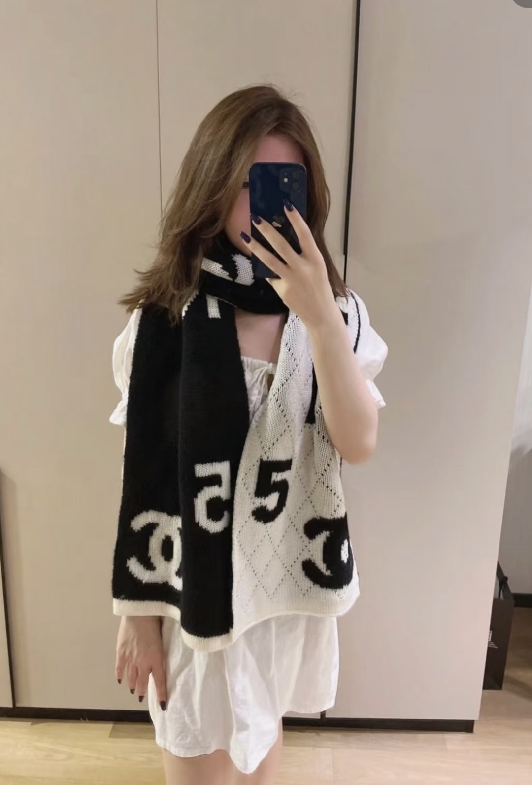 Chanel Knit Scarf with Ivory Motifs — model