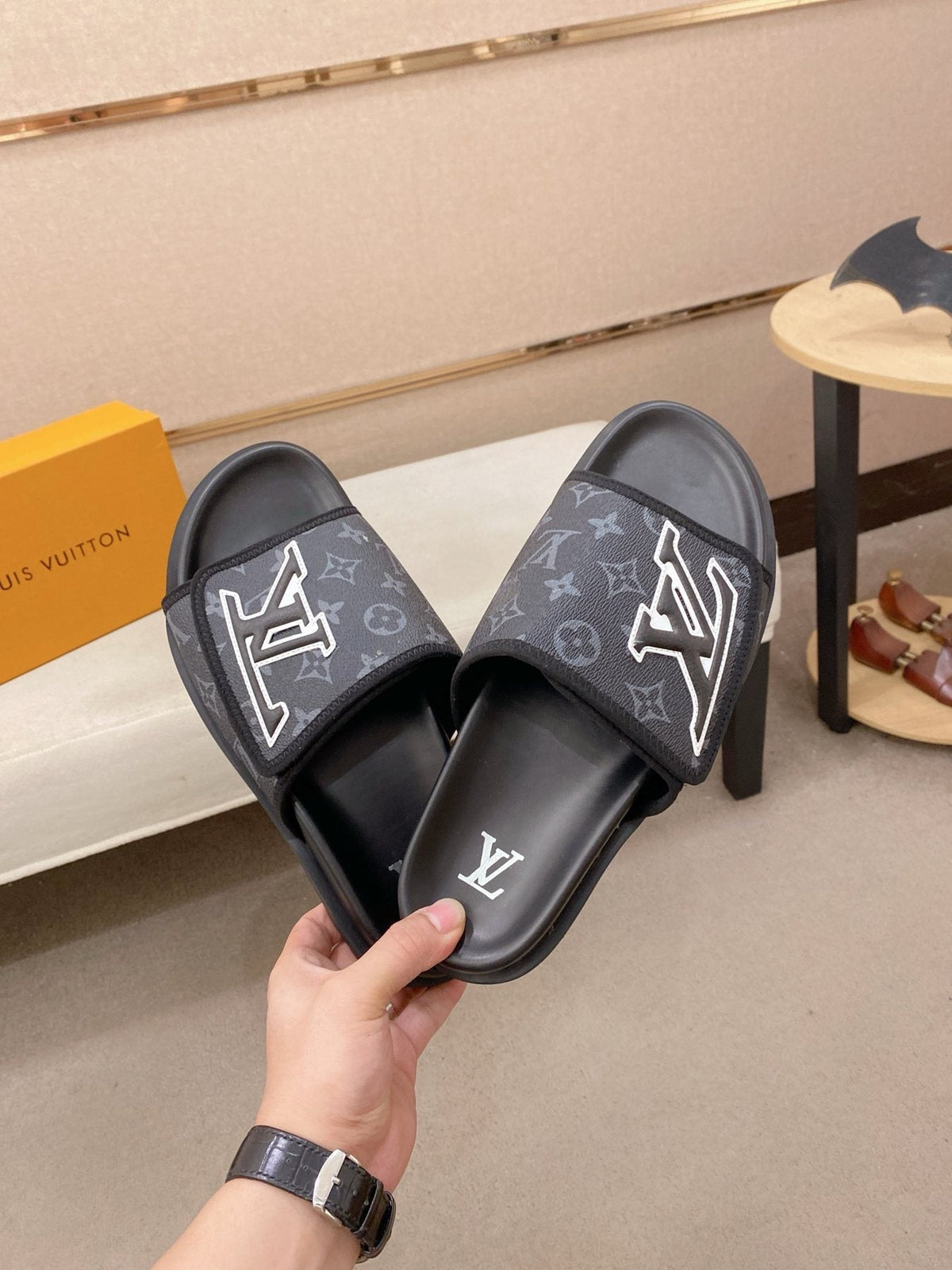 Louis Vuitton Graphic Print Slide Sandals — model