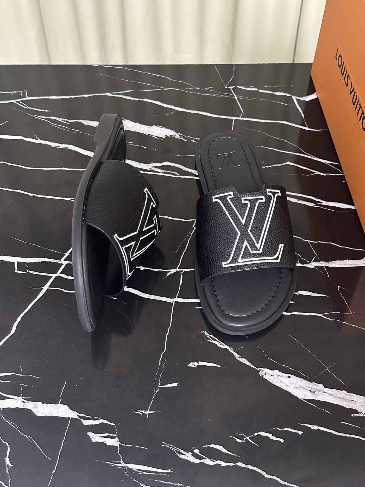 Louis Vuitton Logo Strap Slide Sandals — front