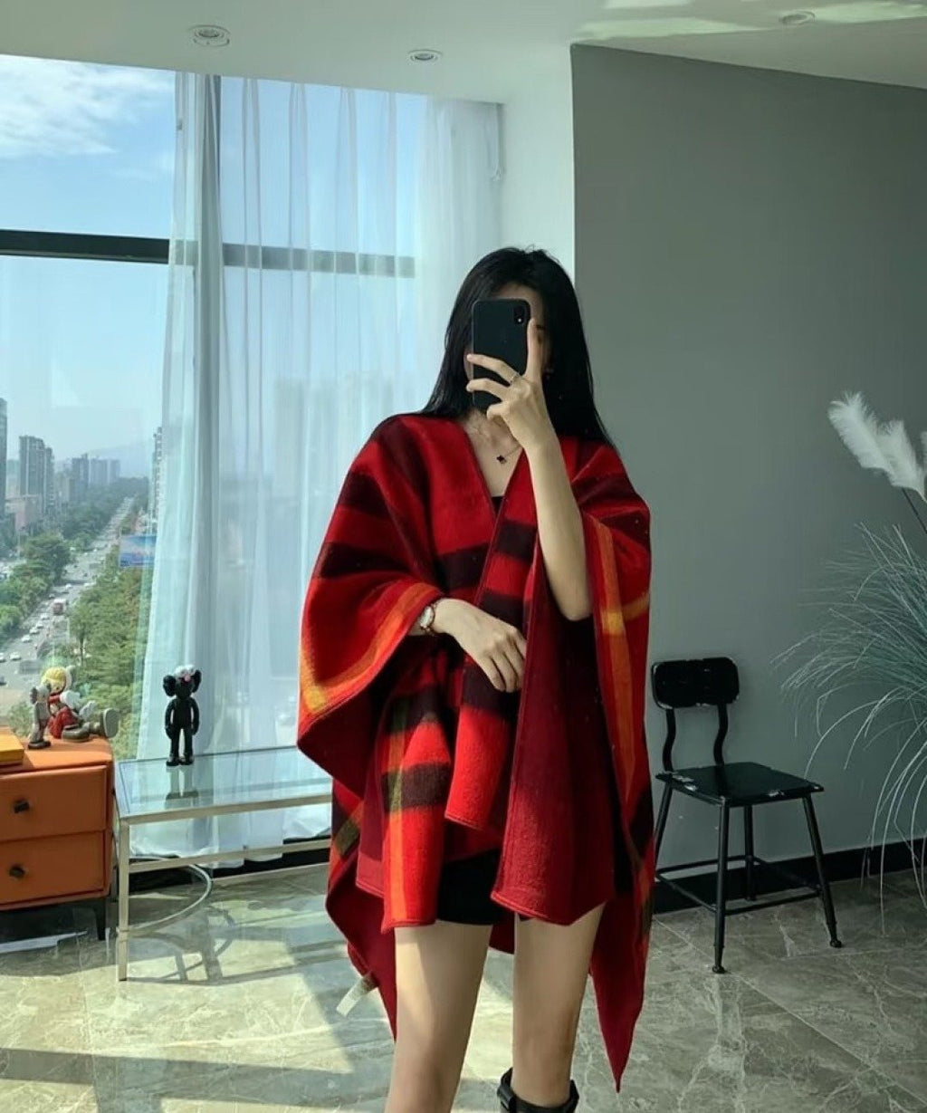 Burberry Reversible Plaid Cape Wrap — model