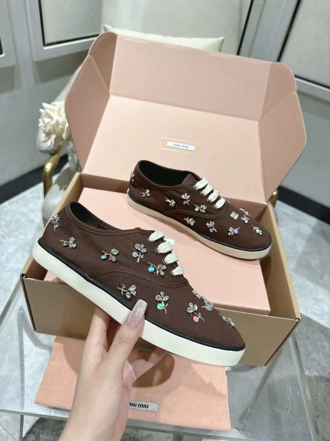 Miu Miu Floral Rhinestone Canvas Sneakers — model