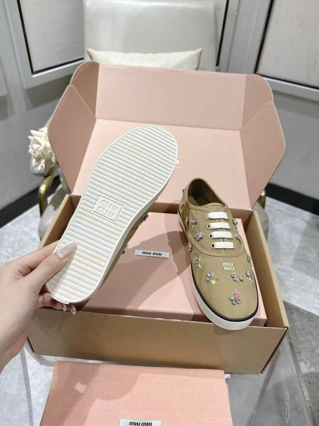 Miu Miu Floral Rhinestone Canvas Sneakers — detail