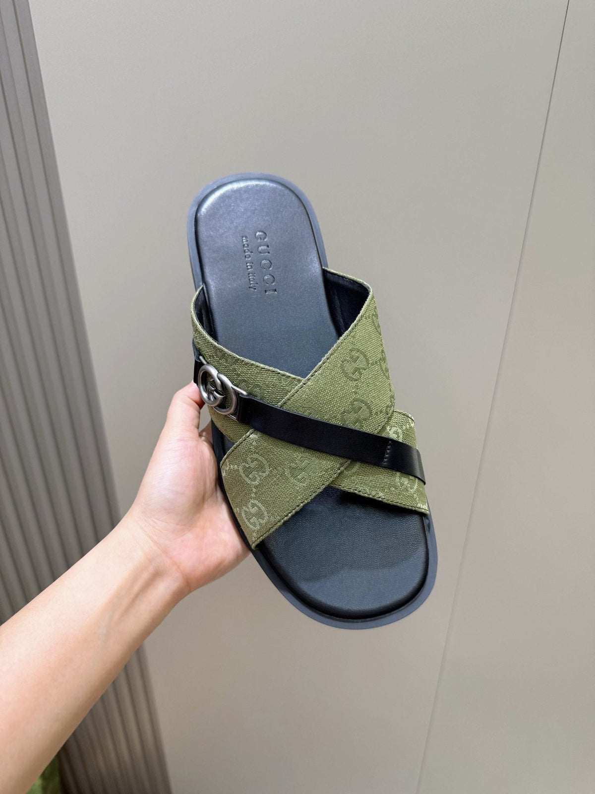 Gucci Crossed Strap Slide Sandals — model
