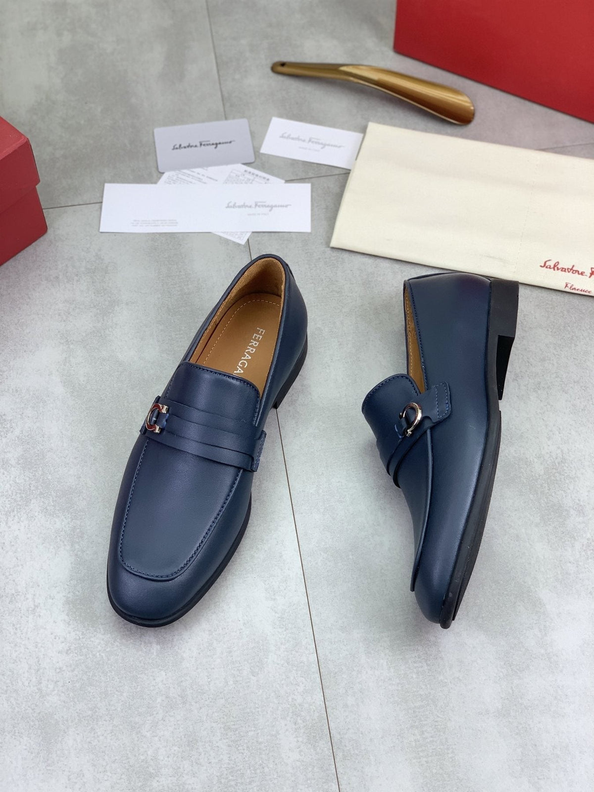 Salvatore Ferragamo Navy Blue Metal-Bit Loafers — side