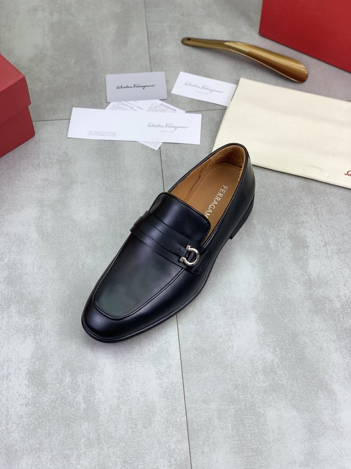 Salvatore Ferragamo Navy Blue Metal-Bit Loafers — front